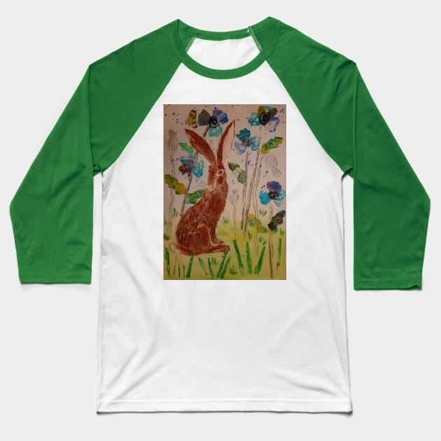 Hare among Blue Poppies Collage Baseball T-Shirt by Casimirasquirkyart